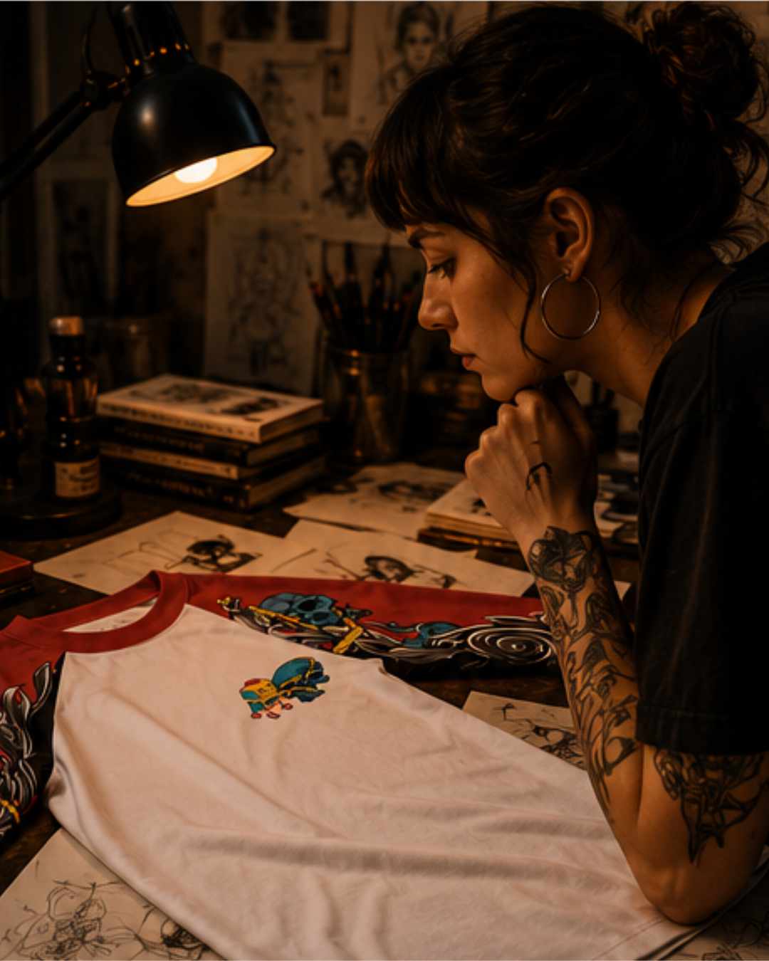Artist studying an original raglan T-shirt design surrounded by sketches and creative references in the Rocken studio.