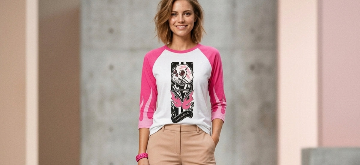 Woman wearing a white and pink Love & Rock raglan T-shirt with graphic artwork