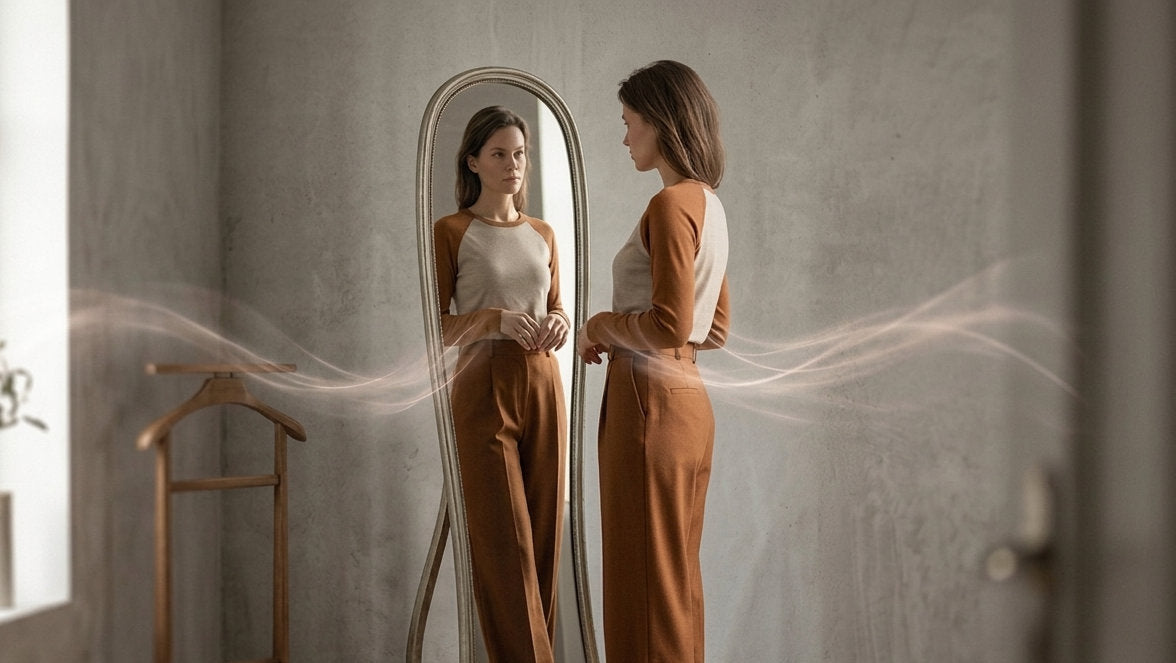 Woman wearing a minimalist raglan top while looking into a mirror, representing personal identity, style and self-expression.