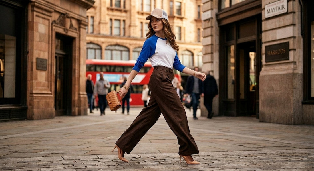 Woman wearing a cobalt blue raglan T-shirt with chocolate brown wide-leg trousers in an urban fashion setting.