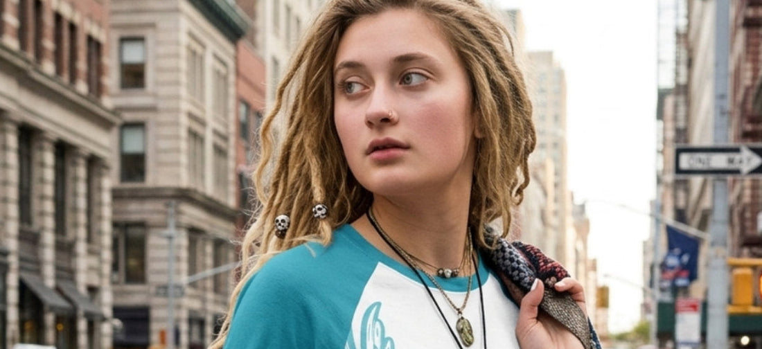 Woman wearing a turquoise raglan T-shirt on a city street