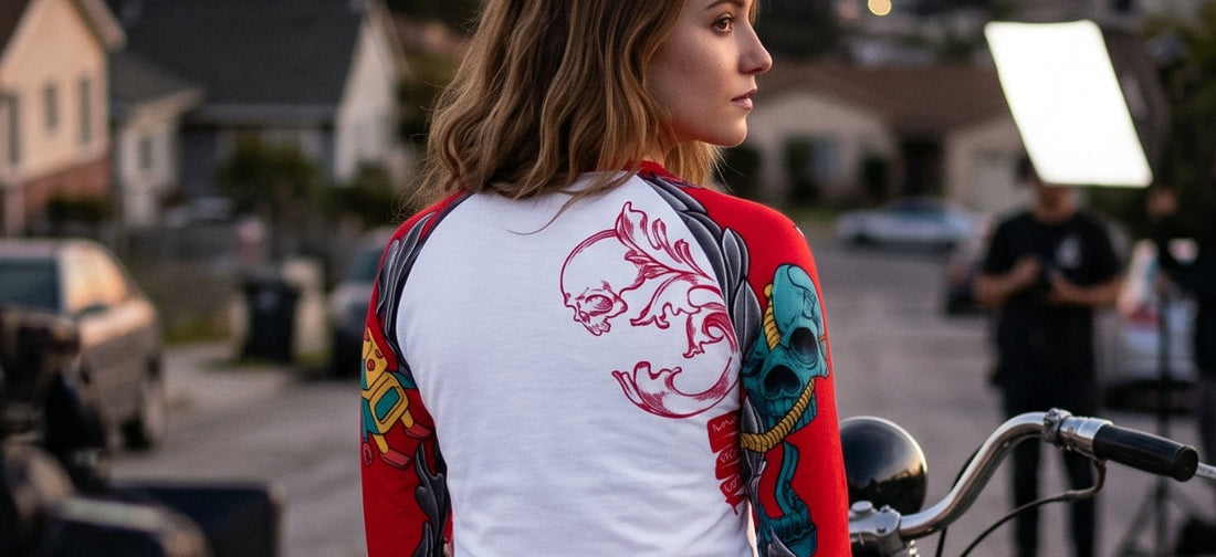 Woman wearing a white raglan T-shirt with colorful artwork beside a motorcycle at sunset