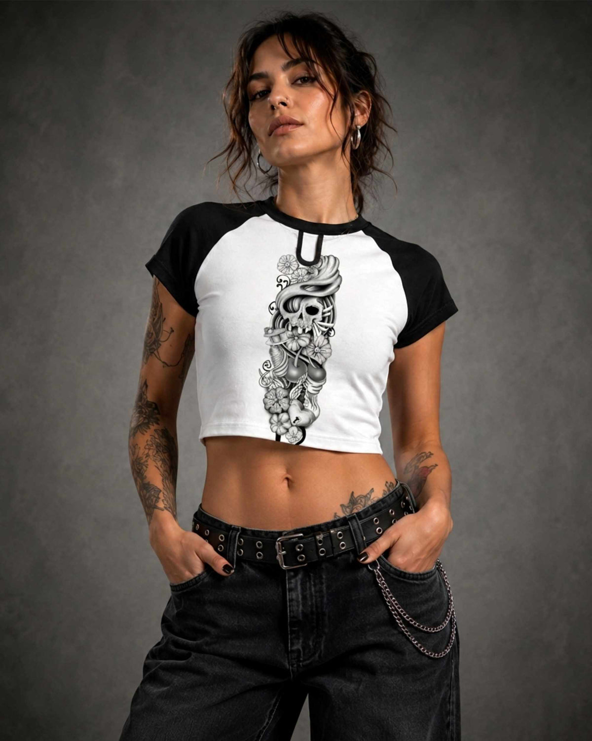 Sakura Revolution women's cropped raglan T-shirt in white and black with skull and floral graphic