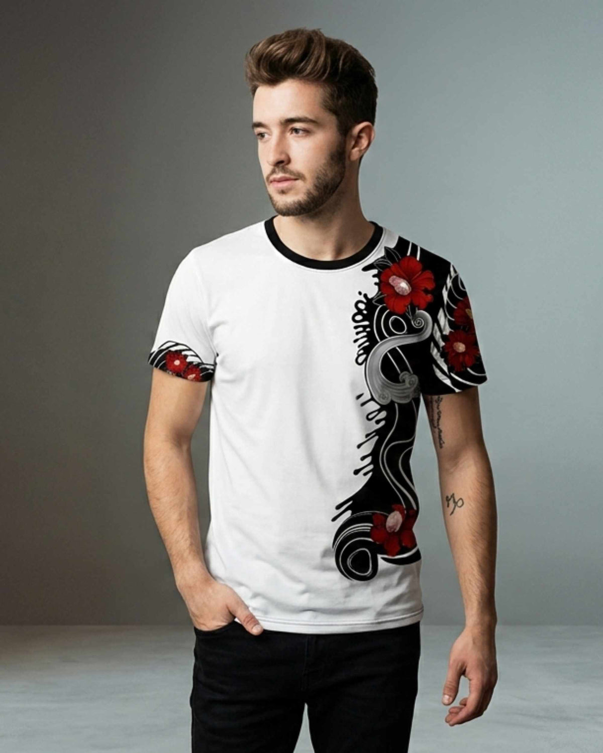 Men's white crew neck T-shirt with black graphic and red floral design