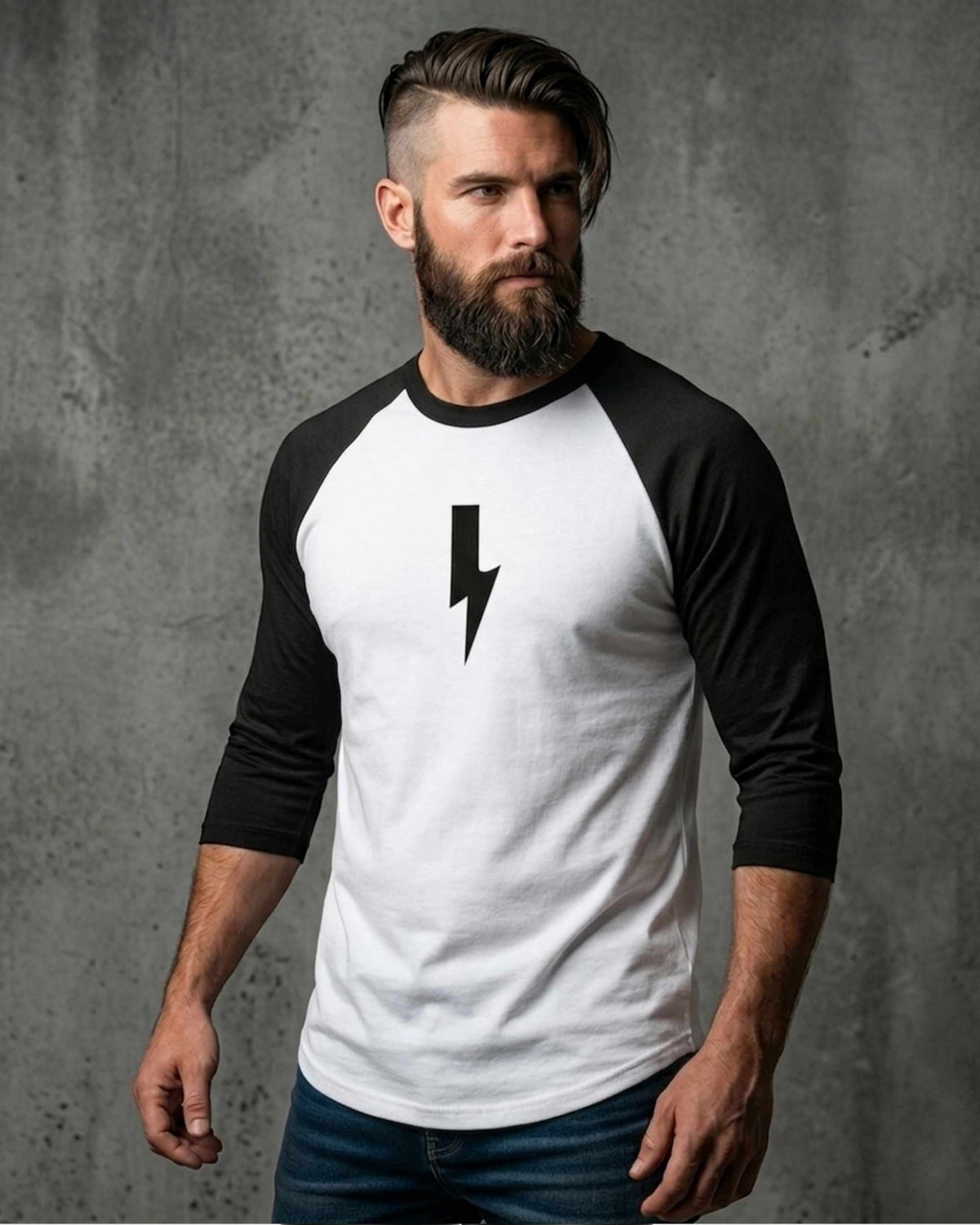 Men's raglan 3/4 sleeve T-shirt in white and black with a lightning bolt graphic