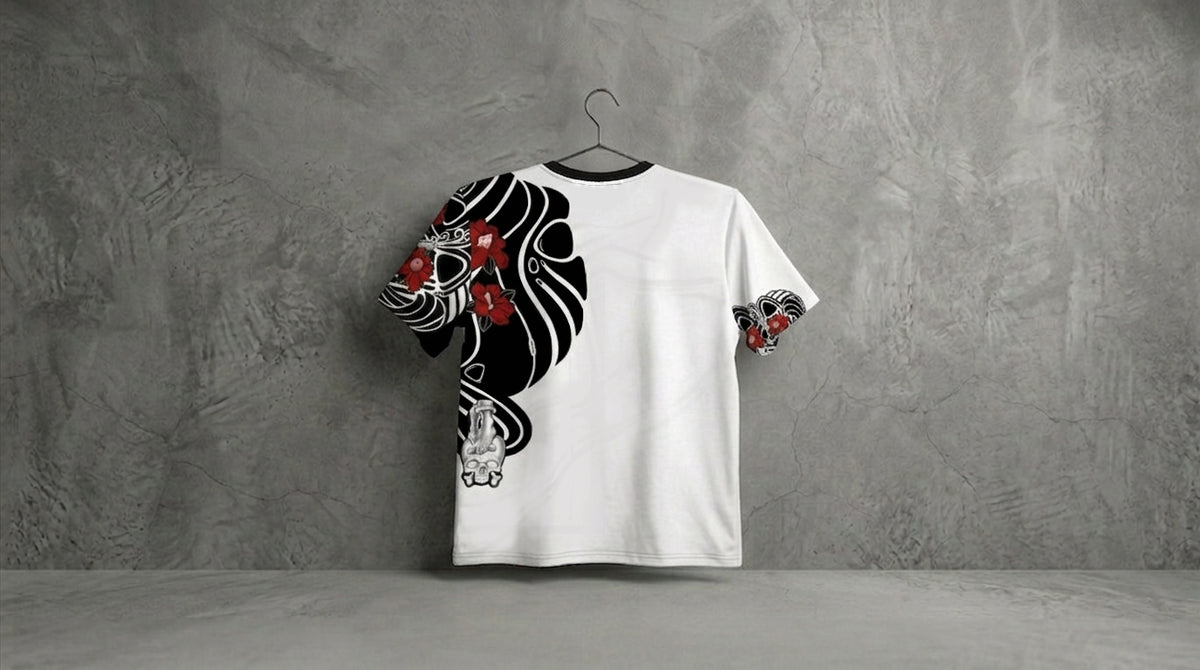 A white short-sleeve t-shirt hanging on a black hanger against a textured gray concrete wall. The shirt features a large black and white Japanese wave pattern with red floral accents on the right sleeve and upper chest, and a small matching graphic on the left sleeve.