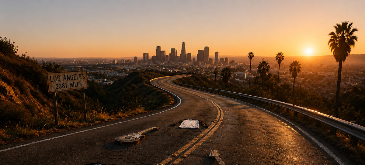 Los Angeles skyline at sunset viewed from a winding road on a hillside, with palm trees, a street sign reading Los Angeles 281 Miles, and the sun low over the city.