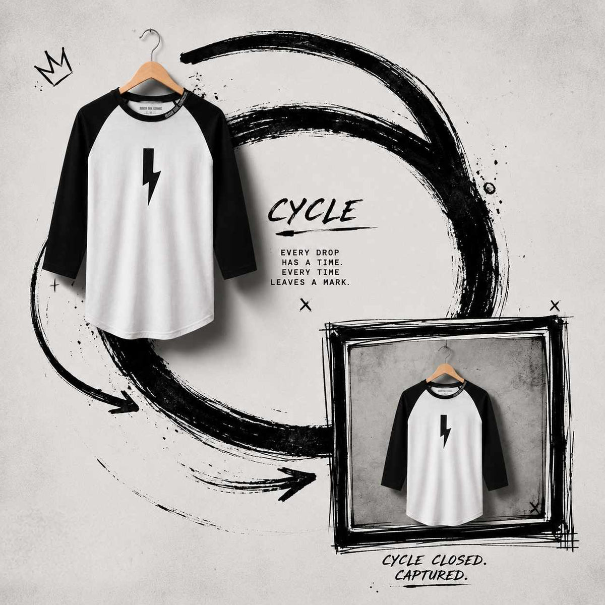 A raglan baseball-style shirt with a black body and black sleeves, featuring a black lightning bolt graphic on the chest. The shirt is shown hanging on a wooden hanger against a textured light gray background with graphic design elements, including a large black brushstroke circle, the word 'CYCLE,' and a smaller inset photo of the same shirt framed in a sketchy border.