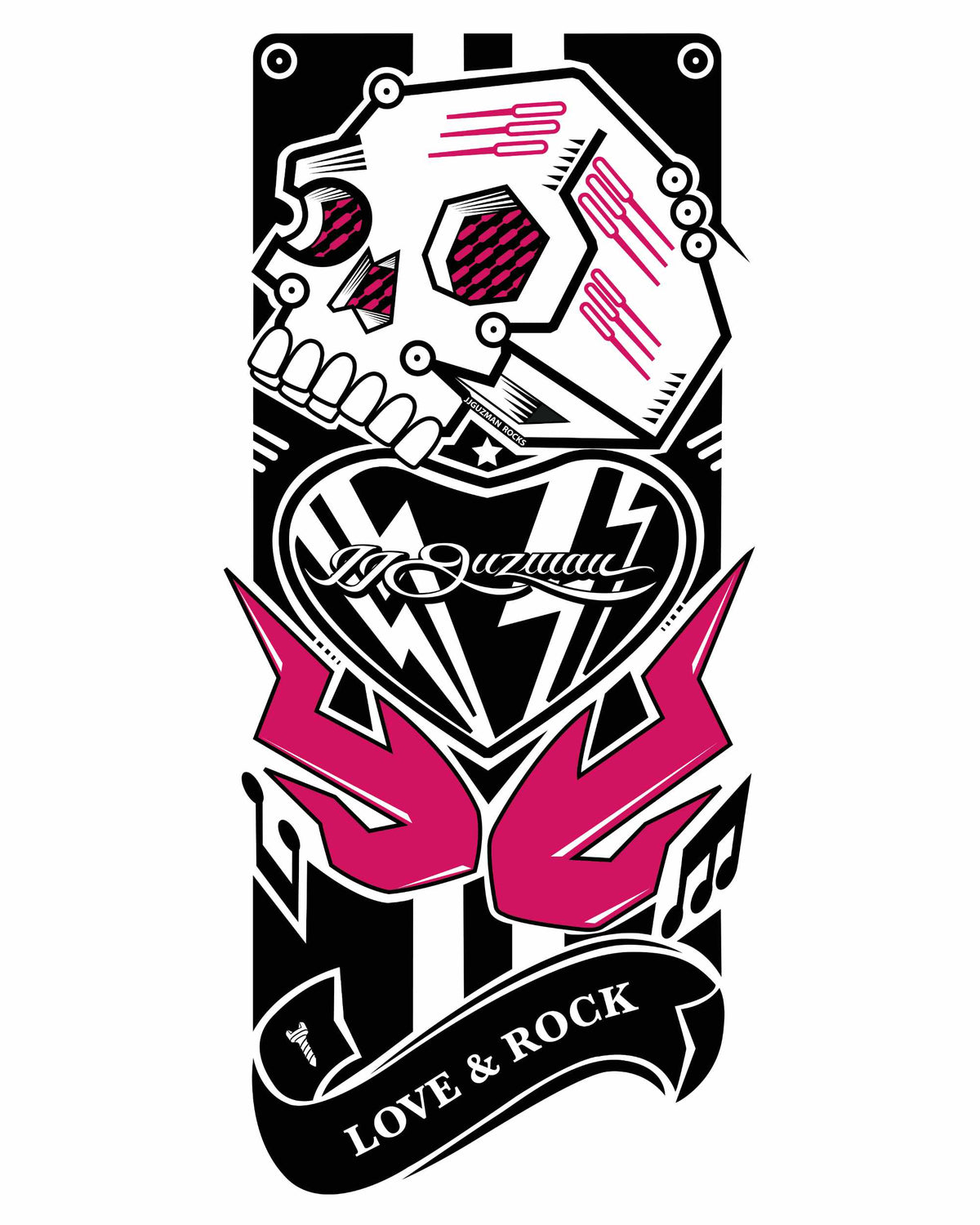 Love & Rock artwork featuring a mechanical skull, lightning bolt, pink lettering, musical notes, and a curved decorative banner.