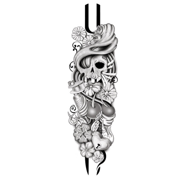 Sakura Revolution artwork featuring a skull surrounded by flowers, flowing hair, ornamental elements, and a stylized vertical composition.
