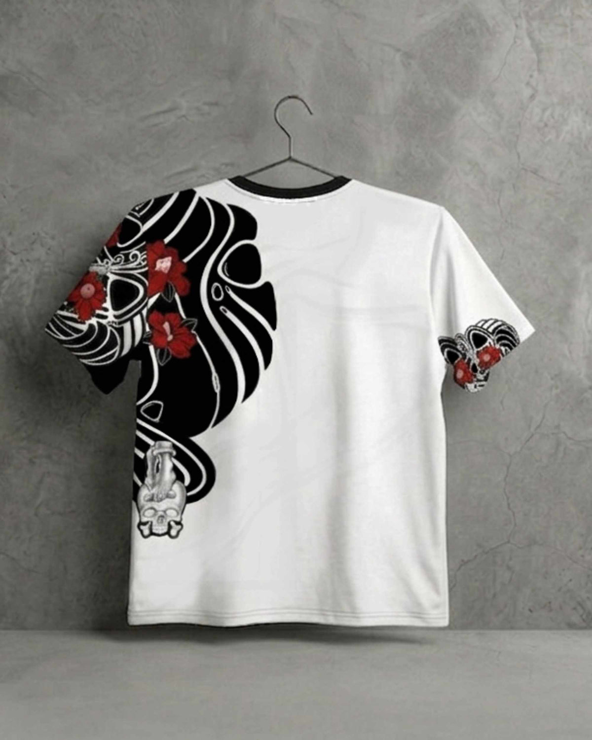 Asian Scratch T-shirt with Japanese wave patterns, red flowers and original artwork by JJGUZMAN