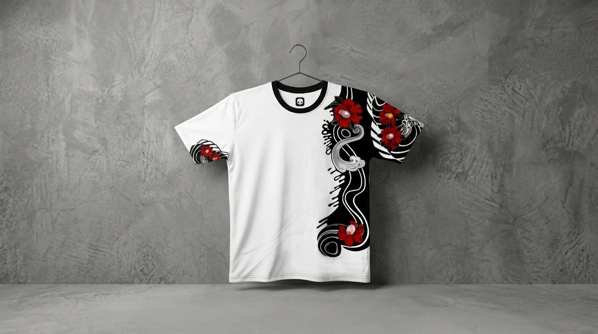 White ROCKEN T-shirt featuring the Asian Scratch artwork with black ornamental elements, red flowers, and a contrasting graphic panel.