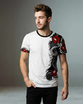 Male model wearing a white ROCKEN T-shirt featuring the Asian Scratch artwork with black ornamental elements and red flowers.