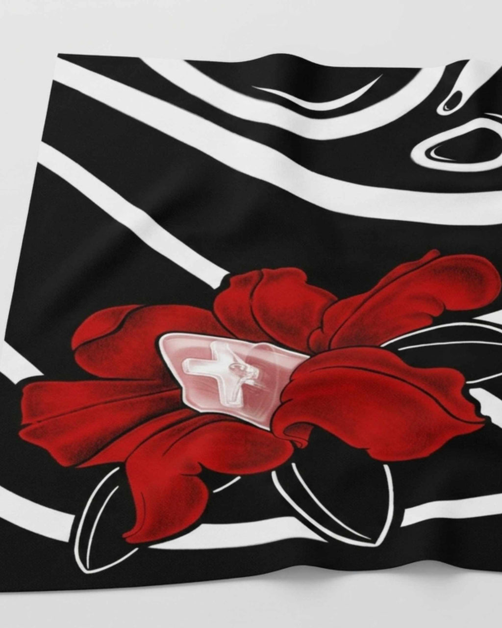 Asian Scratch close-up of a Messiah cross submerged by Japanese waves and red flowers, original artwork by JJGUZMAN