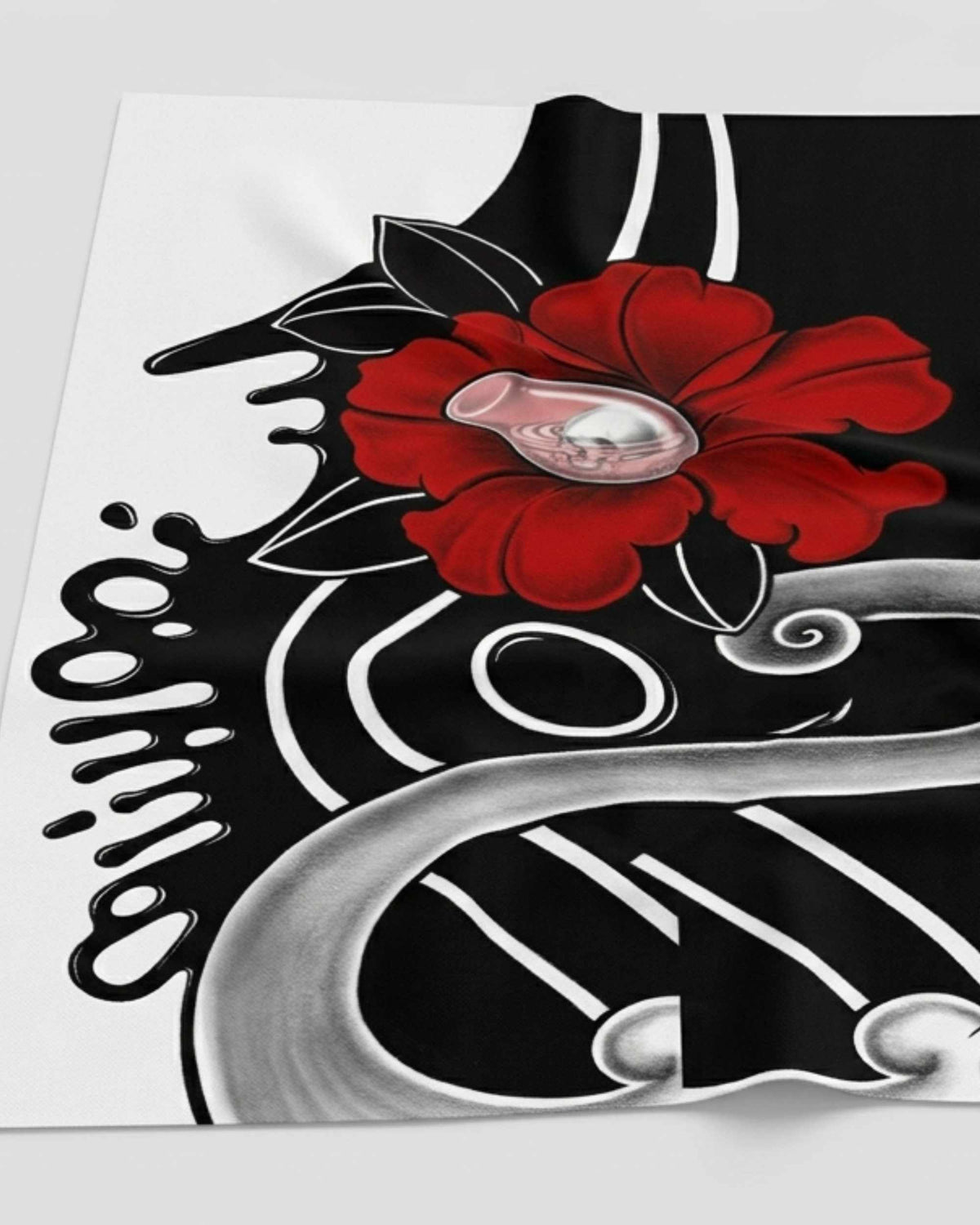 Asian Scratch close-up showing a red flower, Japanese waves and skull artwork by JJGUZMAN