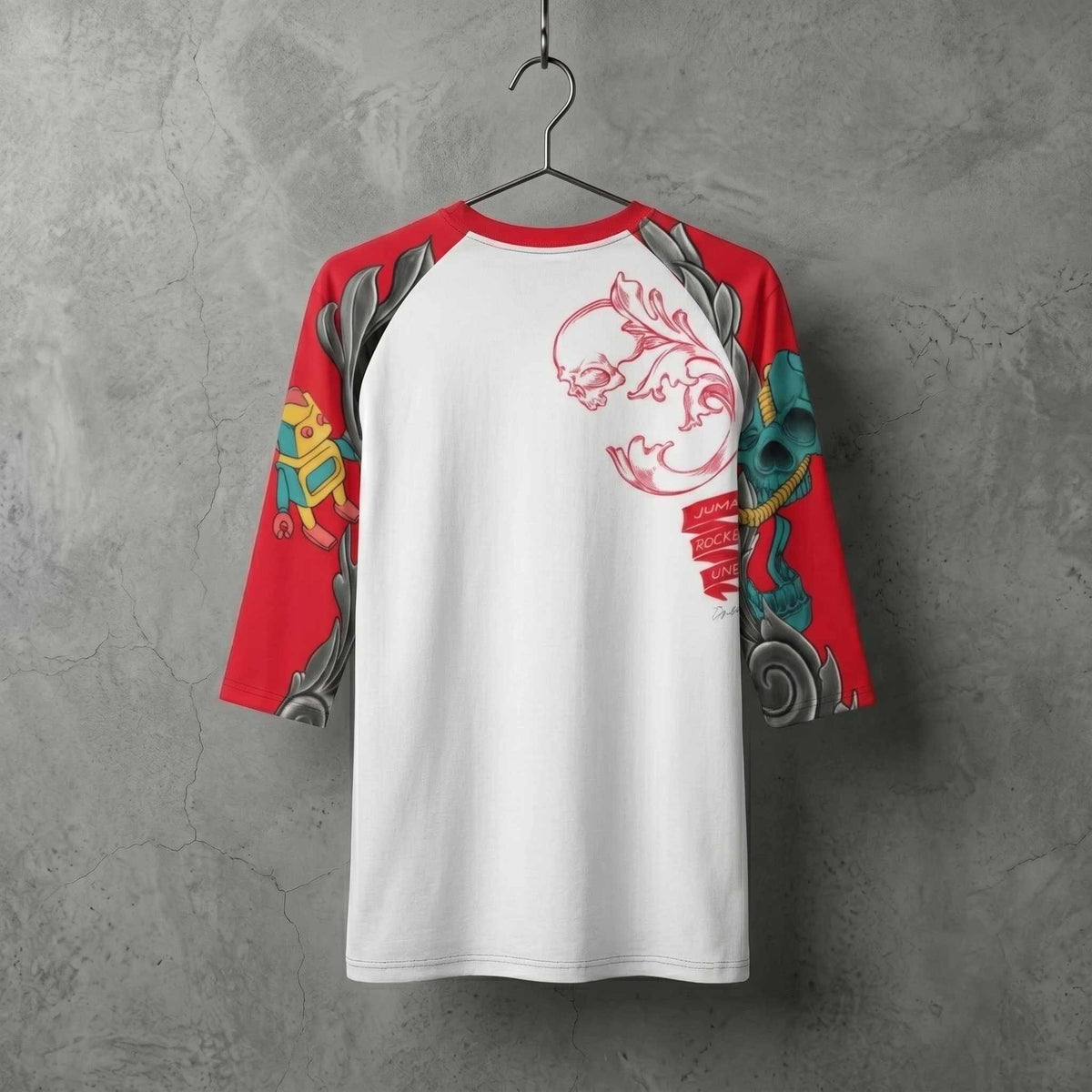 Back view of a white and red three-quarter sleeve raglan shirt featuring the HumaNDRoid artwork with a red skull illustration, colorful mechanical elements, and graphic details across the sleeves.