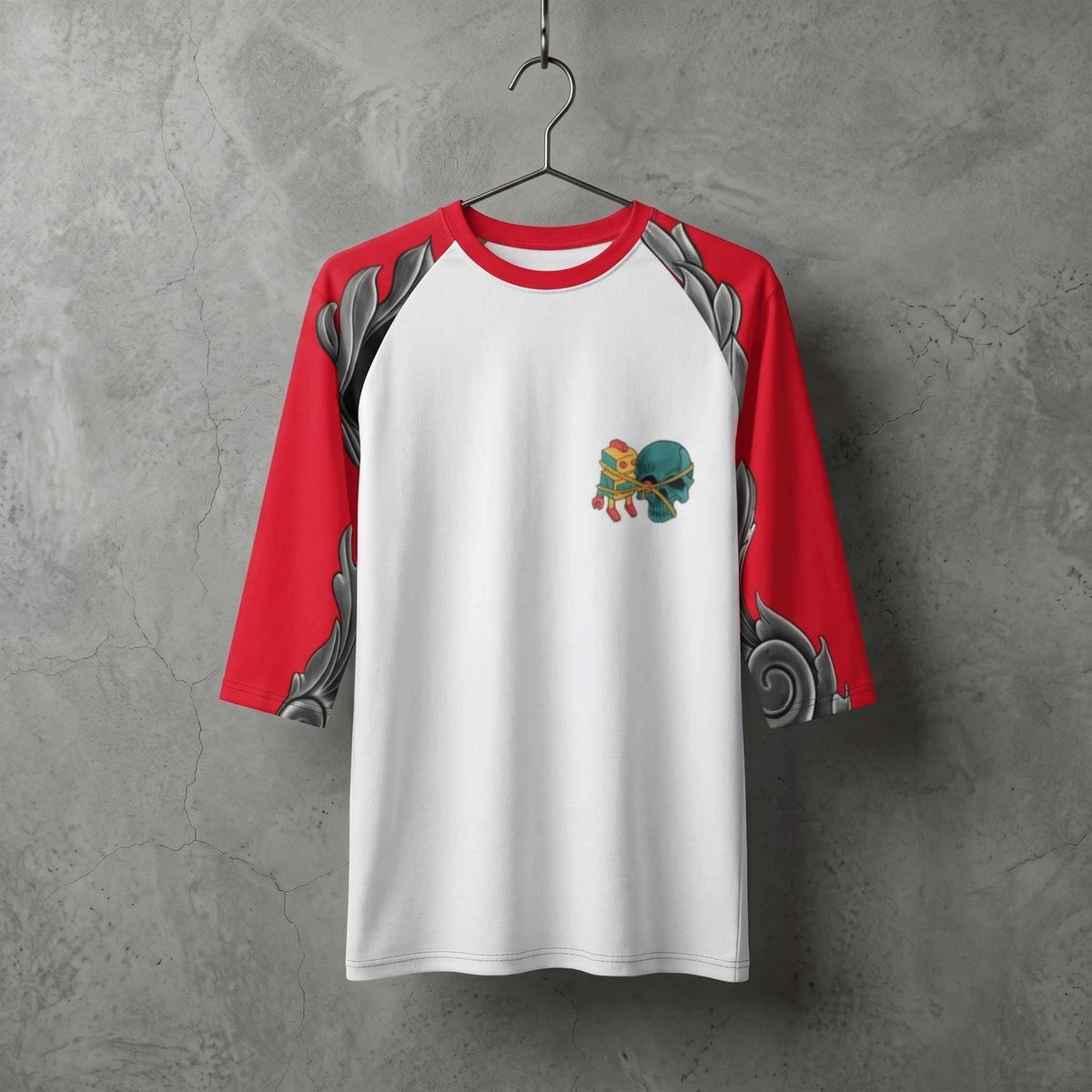 White and red three-quarter sleeve raglan shirt featuring the HumaNDRoid artwork with a small colorful robot graphic on the chest and metallic mechanical details on the sleeves.