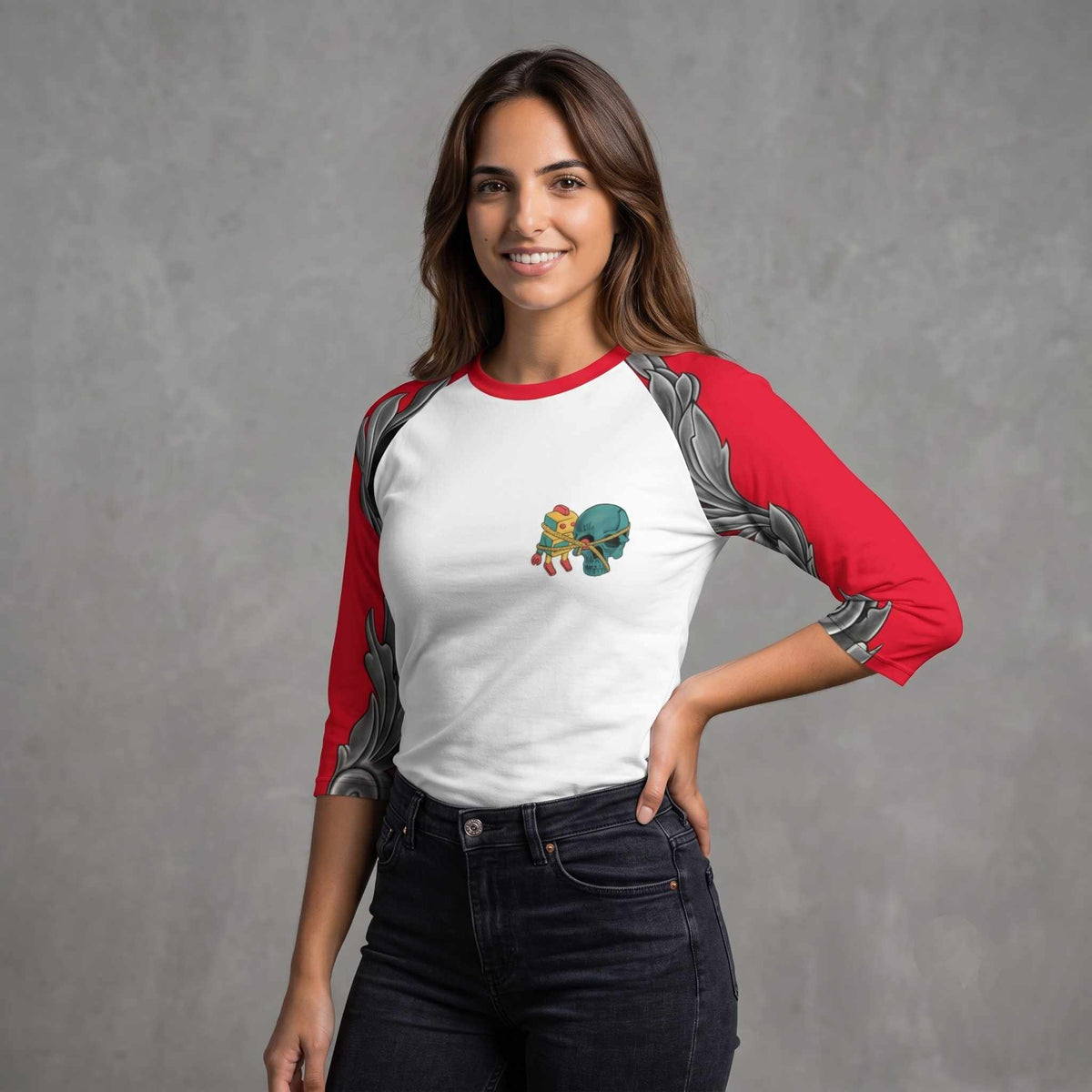 Woman wearing a white and red three-quarter sleeve raglan shirt featuring the HumaNDRoid artwork with a small colorful robot graphic and metallic mechanical details on the sleeves.