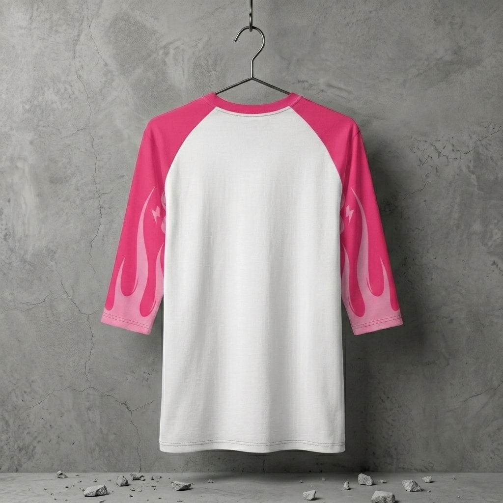 Back view of a white and pink unisex three-quarter sleeve raglan shirt with pink flame graphics on the sleeves.