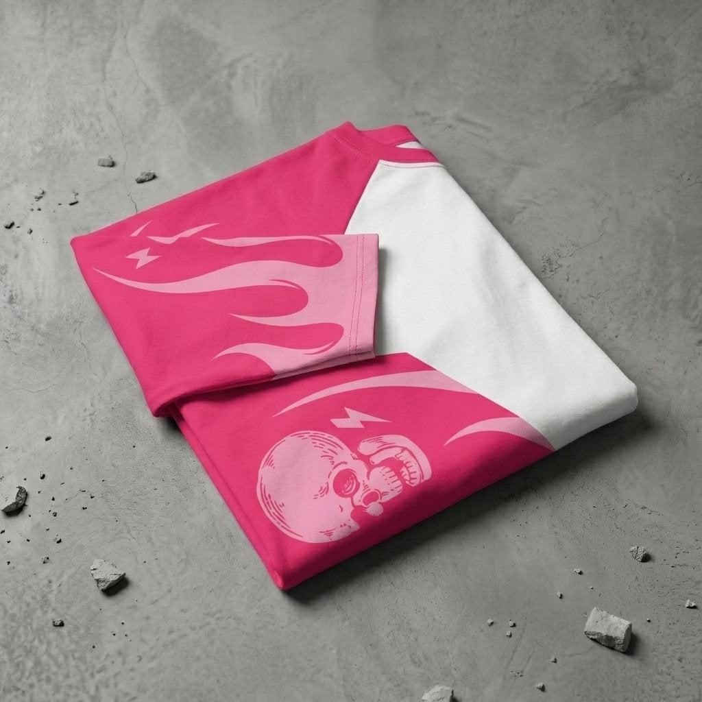 Folded white and pink unisex three-quarter sleeve raglan shirt showing pink flame graphics and a skull detail on the sleeves.