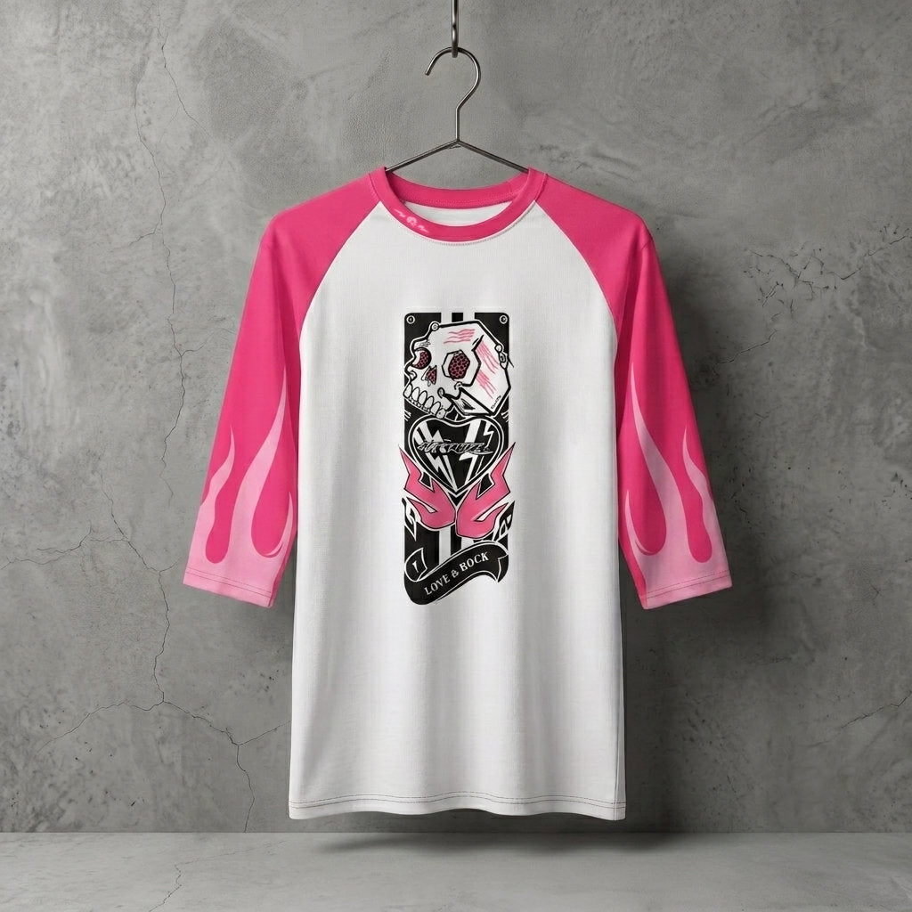 White and pink unisex three-quarter sleeve raglan shirt featuring the Love N Rock graphic with a mechanical skull, pink lettering, black graphic elements, and flame details on the sleeves.