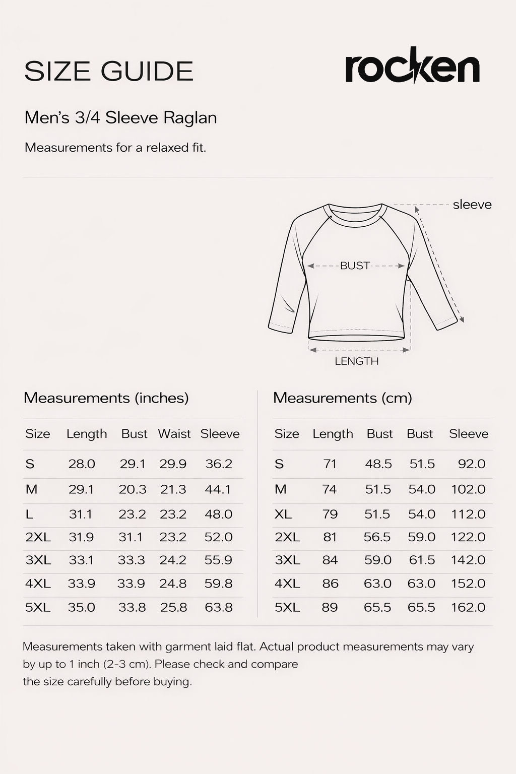 ROCKEN men's three-quarter sleeve raglan size guide showing garment measurements in inches and centimeters for sizes S through 5XL.