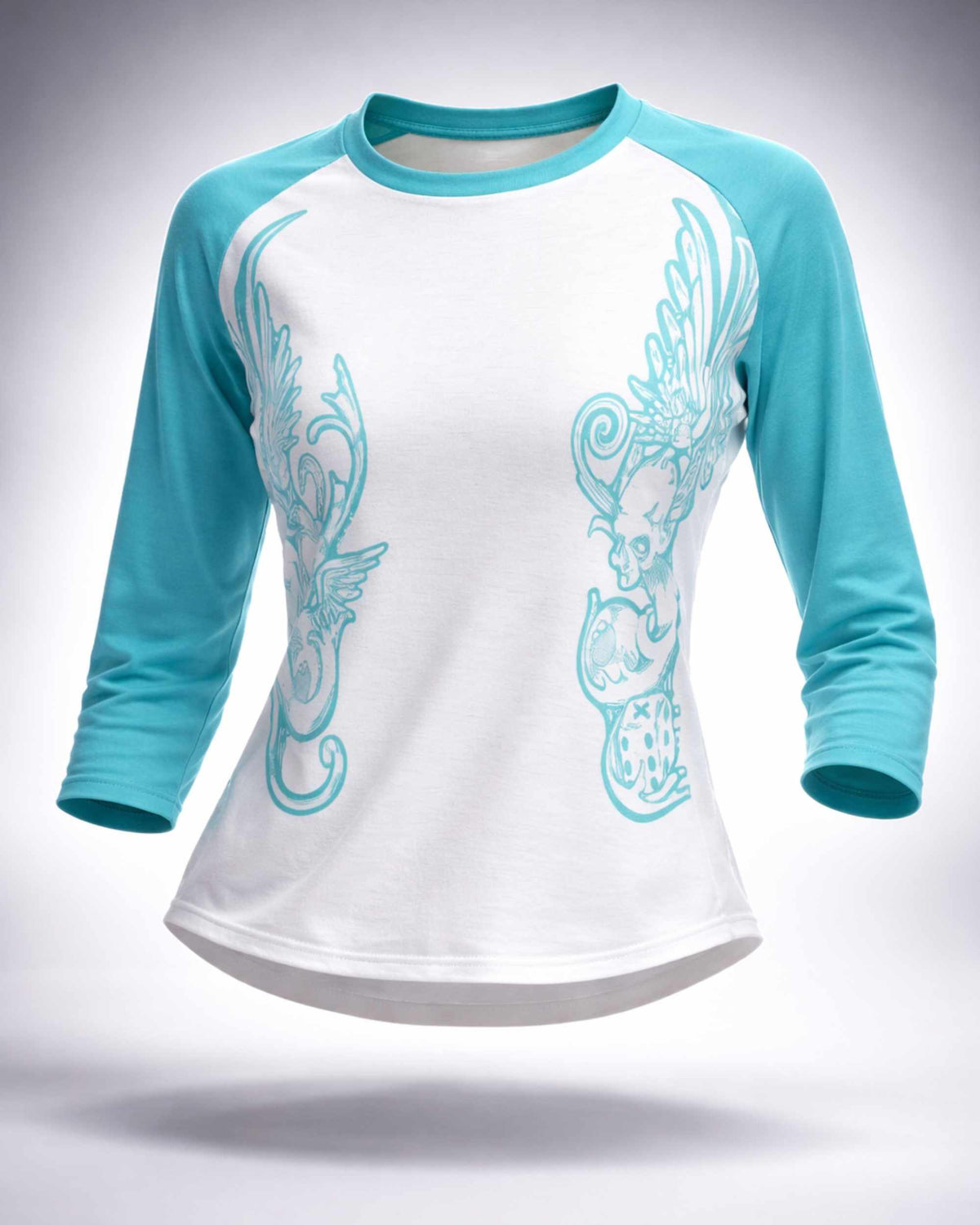 A women's 3/4 sleeve raglan baseball t-shirt with a white body and turquoise sleeves, featuring a matching turquoise graphic print of a winged skull on the front.
