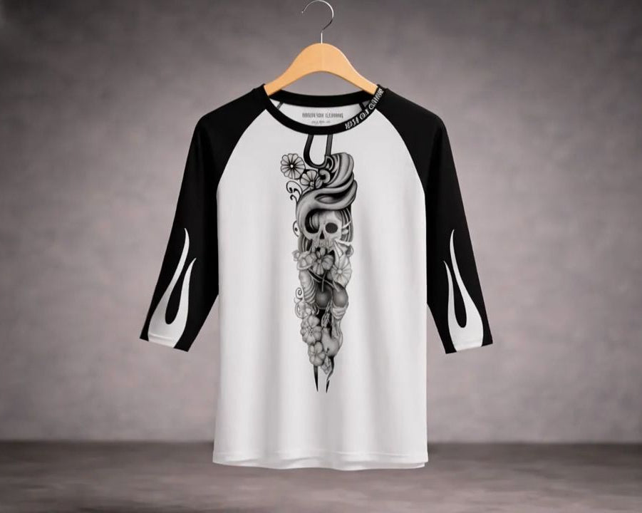 White and black men's three-quarter sleeve raglan shirt featuring the Sakura Revolution artwork with a skull, flowers, flowing ornamental details, and black sleeves.
