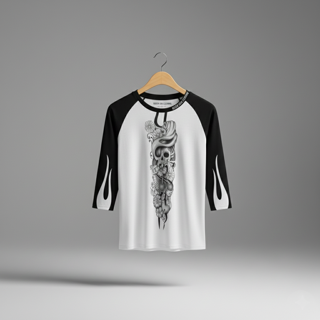 White and black women's three-quarter sleeve raglan shirt featuring the Sakura Revolution artwork with a skull, flowers, and flowing ornamental details.